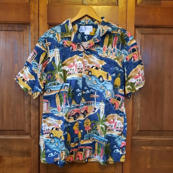 Vintage Styled by RJC Hawaiian classic cars surf print button-up shirt size L - Picture 1 of 11